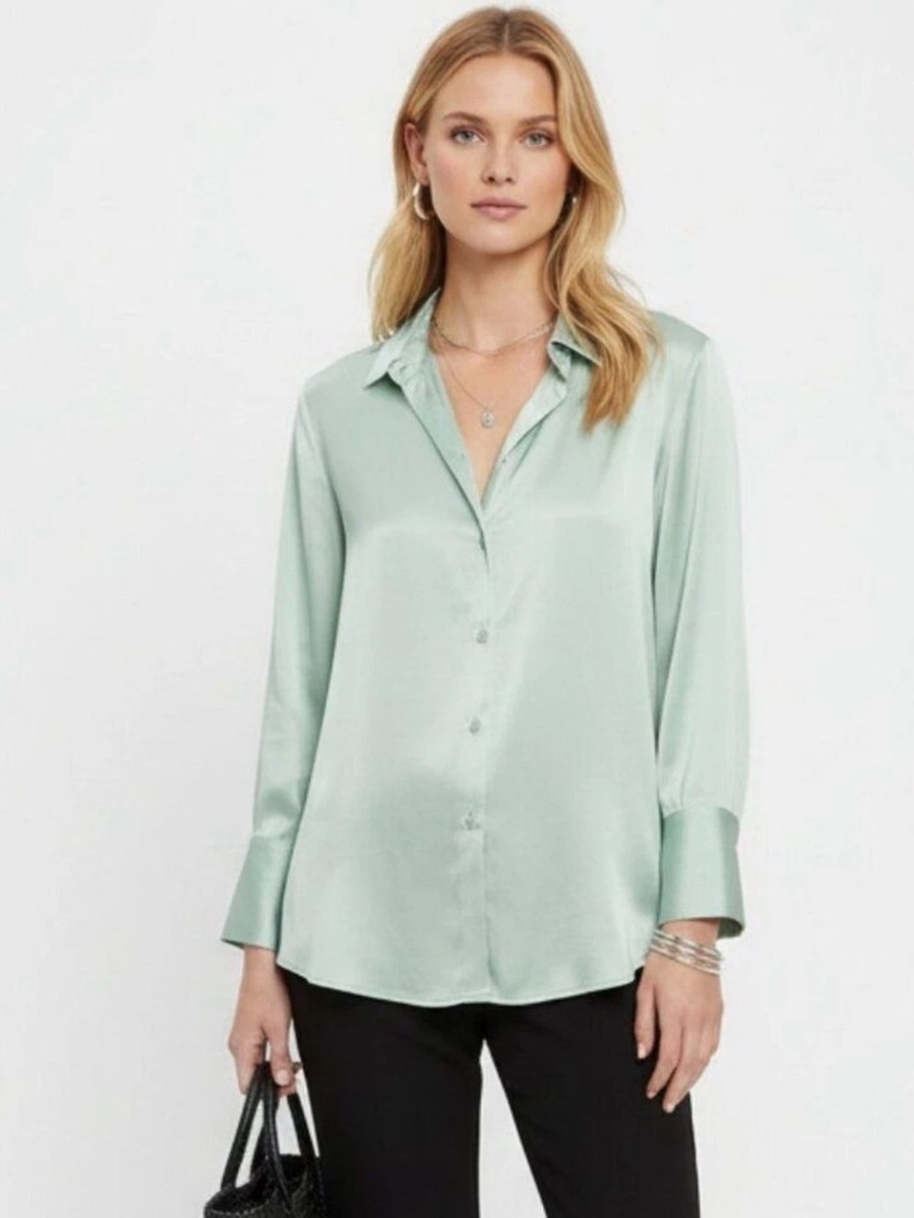 Zara Women’s Pastel Pale Green Mint Long Sleeve Button Down Satin Blouse Top S